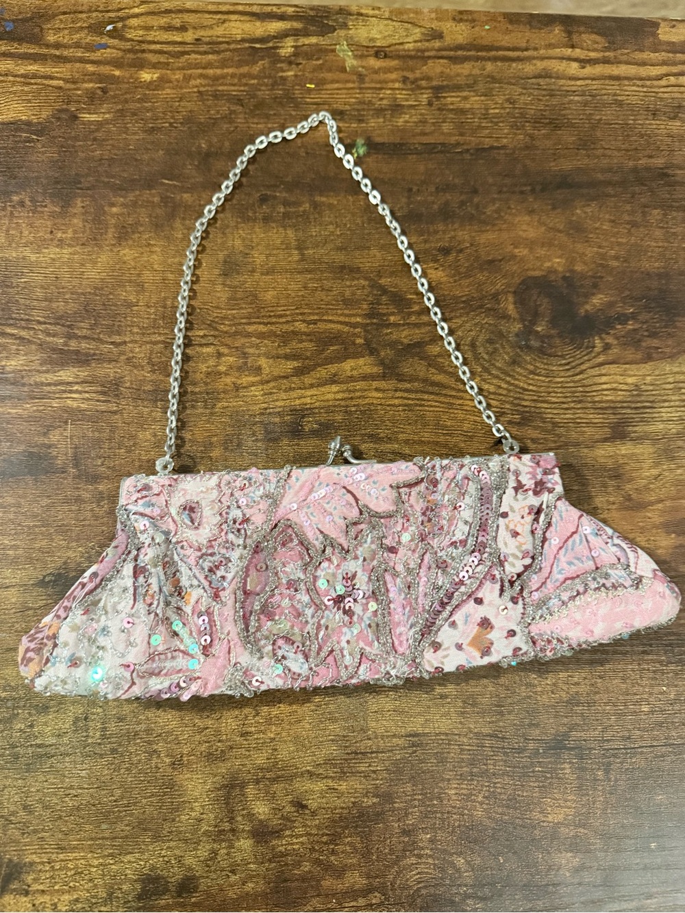 Express Beaded Pink Evening Clutch with Chain Strap